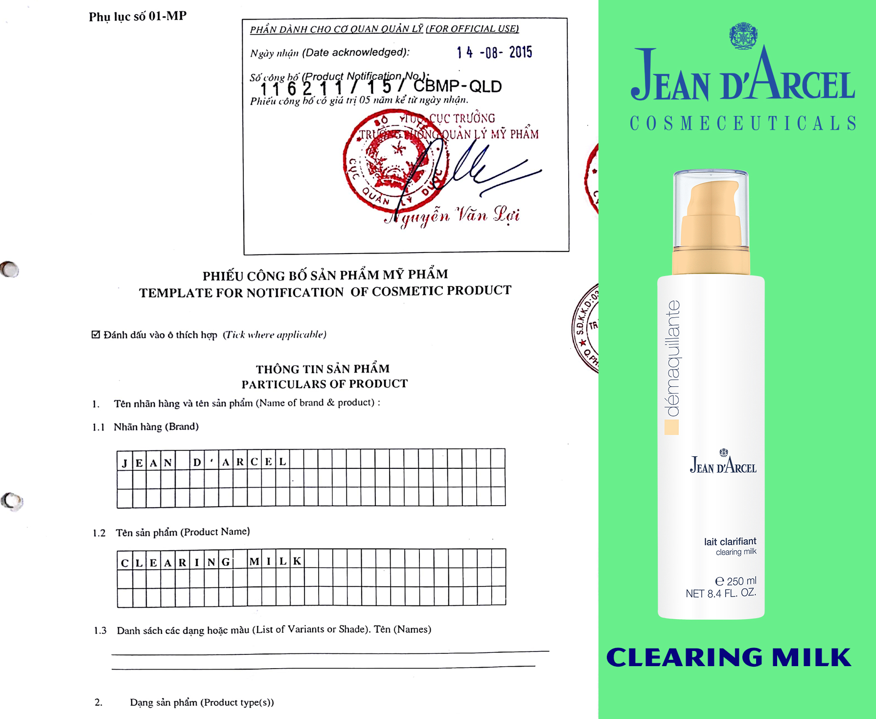 Sửa rửa mặt danh cho da dầu và mụn Jean d’Arcel Clearing milk 250ml 3