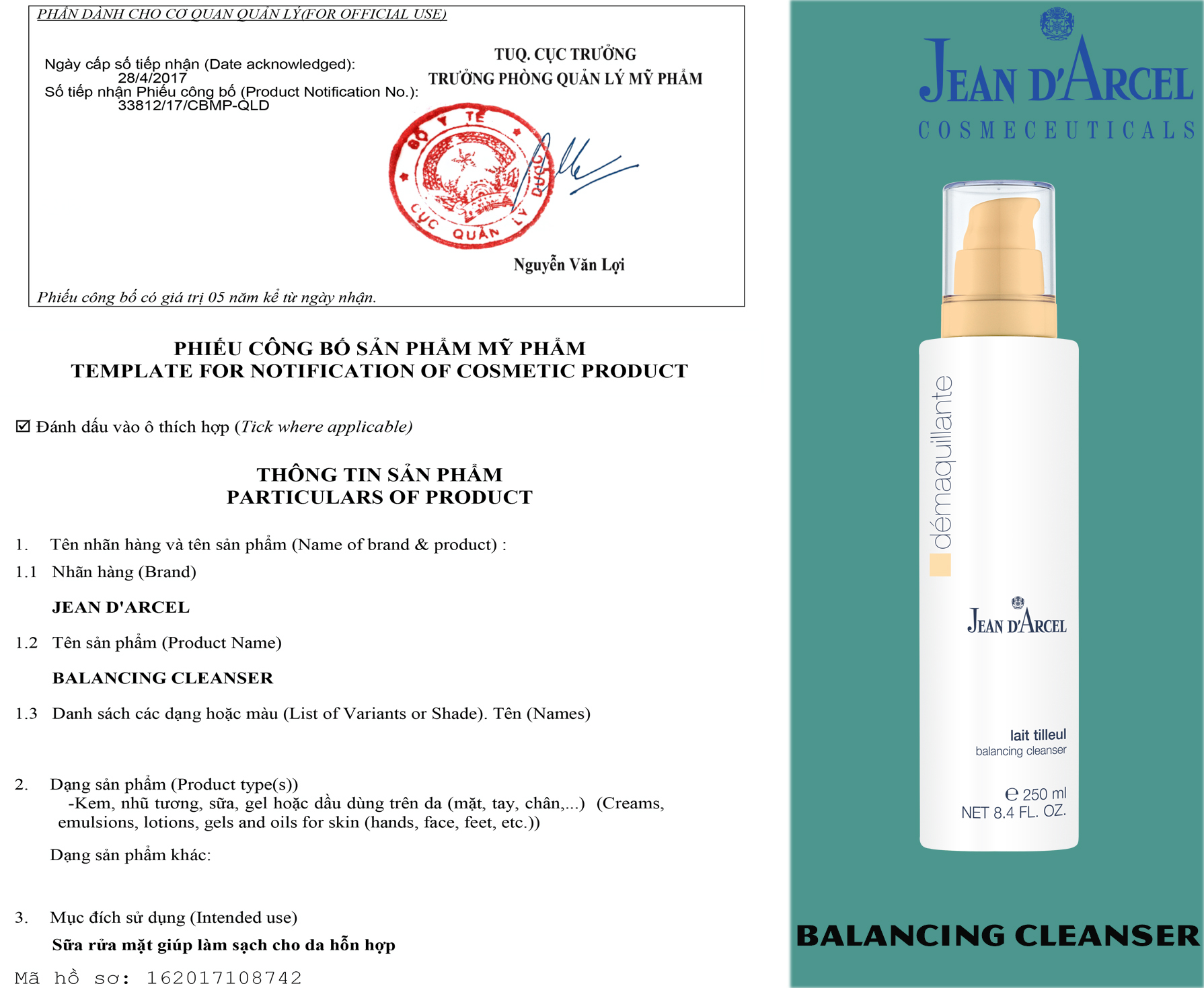 Sửa rửa mặt danh cho da thường và da hỗ hợp Jean d’Arcel Balancing Cleanser 250ml 2