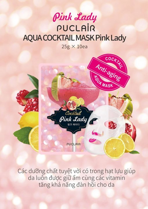 Mặt nạ dưỡng da tinh chất hạt lựu PUCLAIR Aqua Cocktail Pink Lady 10 gói 1